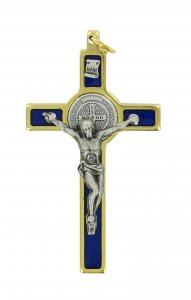 Copertina di 'Croce di San Benedetto in ottone dorato con smalto blu - 5 cm'