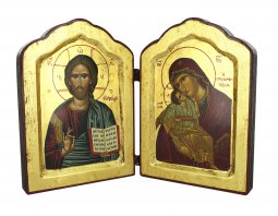 Copertina di 'Icona dittico Cristo Pantocratore e Madonna di Vladimir, produzione greca in legno - 26,5 x 18 cm'
