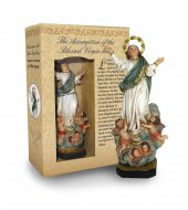 Immagine di 'Statua di Madonna Assunta in cielo da 12 cm in confezione regalo con segnalibro in versione INGLESE'