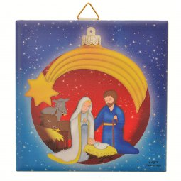 Copertina di 'Piastrellina blu "Nativit con palla di Natale rossa" per bambini - dimensioni 10x10 cm'