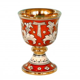 Copertina di 'Calice in ceramica con simbolo TAU "Modello Rubino e oro" - 15 cm'