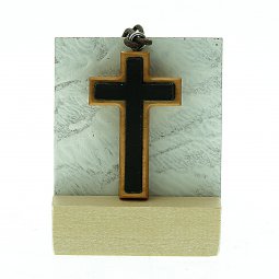 Copertina di 'Croce da collo in legno d'ulivo con inserto in pelle marrone e laccio - dimensioni 2,5x4 cm'