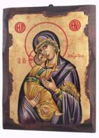 Icona in legno dipinta a mano "Madonna odigitria dal manto viola" - dimensioni 21x16 cm