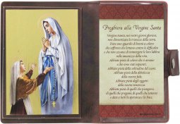 Copertina di 'Icona da viaggio in legno "Madonna di Lourdes" con preghiera e custodia - cm 10x7'