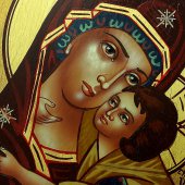 Immagine di 'Icona bizantina dipinta a mano "Madonna della Tenerezza Vladimirskaja e Ges con la veste dorata" - 18x14 cm'