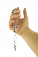 Immagine di 'Collana rosario Girocollo in argento 925 perle nere con croce tau e medaglia Miracolosa in argento'