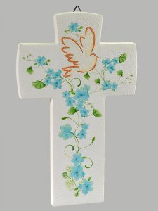 Copertina di 'Croce con colomba effetto pietra - Fiore azzurro'