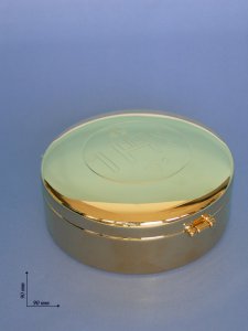 Copertina di 'Scatole porta ostie dorata con cristogramma IHS - diametro 9 cm'