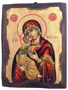 Copertina di 'Icona in legno "Maria Odigitria dal manto rosso" - dimensioni 28x21 cm'