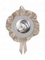 Sopraculla bianco in pelle e bilaminato d'argento con merletto "Madonna col Bambino" - diametro 11 cm