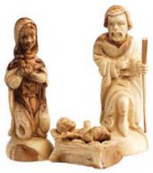 Statue in legno d'ulivo "San Giuseppe, Maria e Gesù in culla" - altezza 15 cm