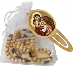 Copertina di 'Sacchettino in tulle bianco con rosario in legno d'ulivo e segnalibro "Sacra Famiglia"'