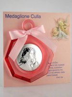 Immagine di 'Sopraculla geometrico in plexiglass rosa e argento "Madonnina" del Ferruzzi con preghiera Angelo di Dio - altezza 11 cm'