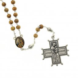 Copertina di 'Collana rosario in legno d'ulivo con croce ghiandata "Ecce crucem domini" - grani 7 mm'